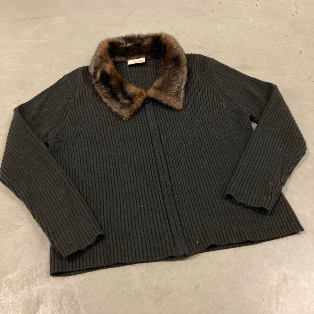 Fur collar ribbed zip up cardigan sweater